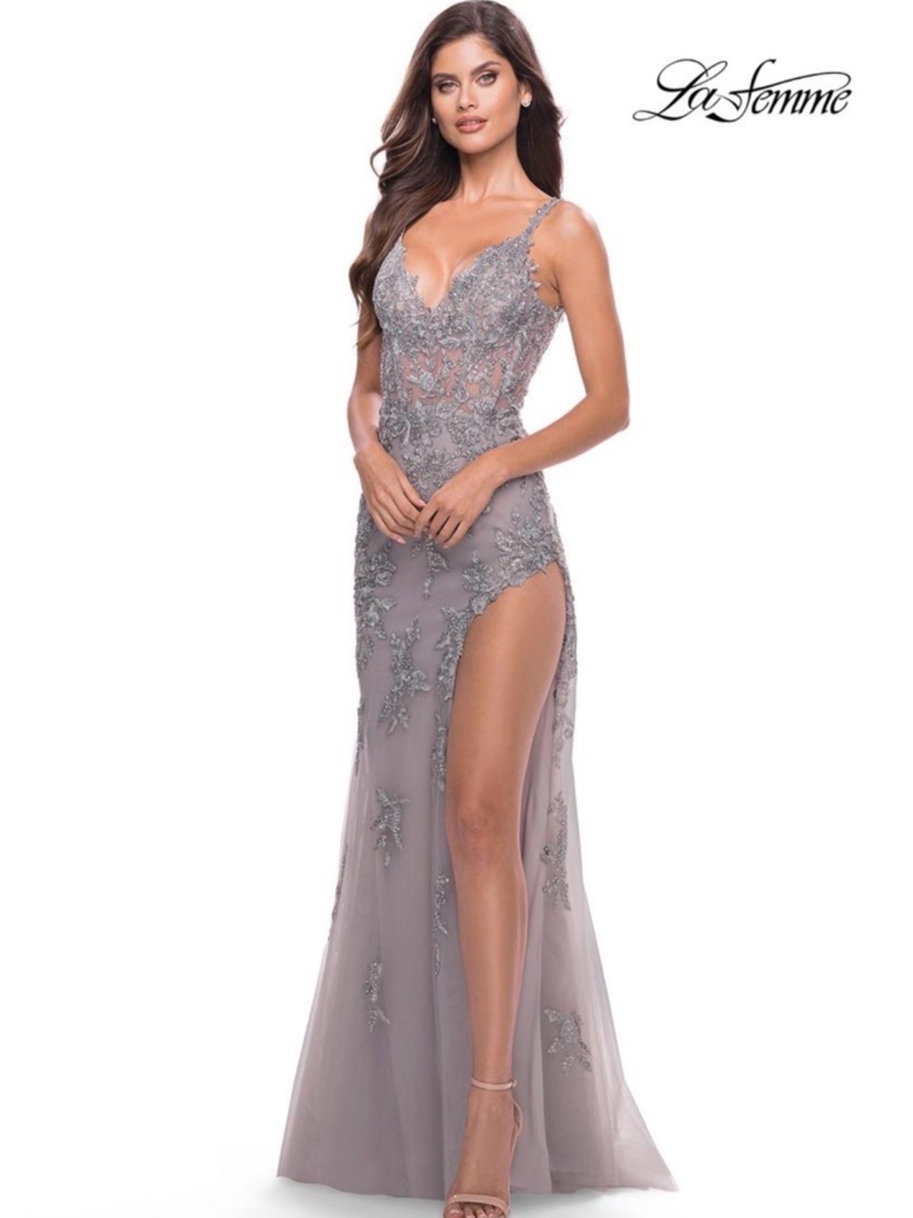 La Femme Silver Beaded Sheer Bodice High-Slit Evening Gown